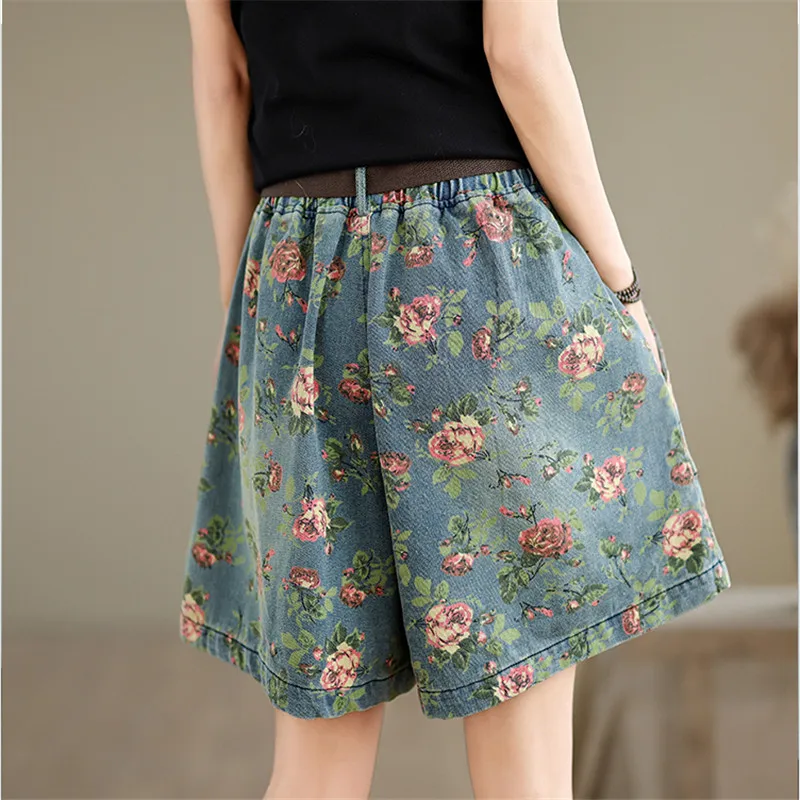 Jeans Zomer Bloemenprint Mini Wijde Pijpen Shorts Vrouwen Casual Losse Grote Zak Geplooide Vrouw Elastische Taille Denim Shorts