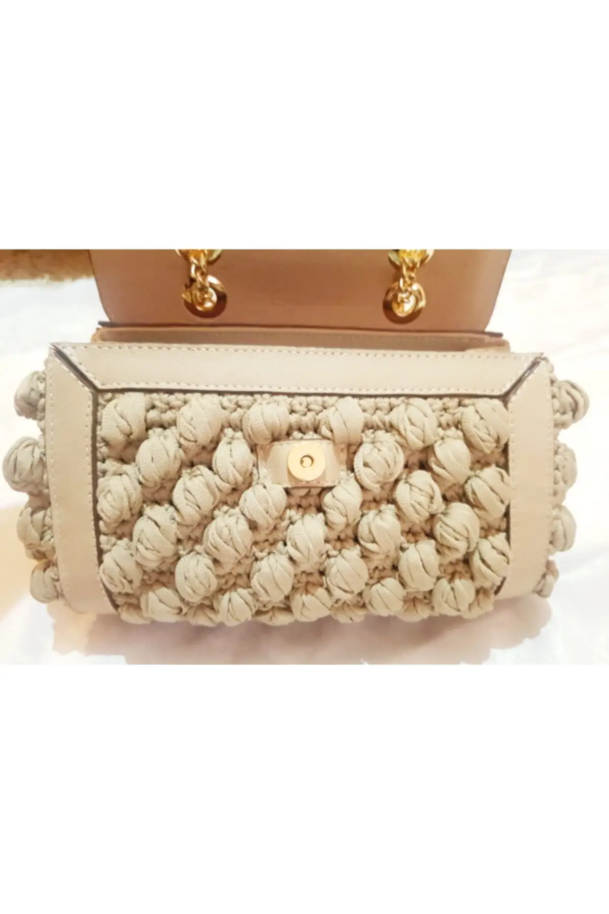 Uras Mesh Detaylı Ayarlanabilir Chain Straps Beige Color Handmade Medium Size Women Leather Handbag Women Bag Shoulder bag Handmade