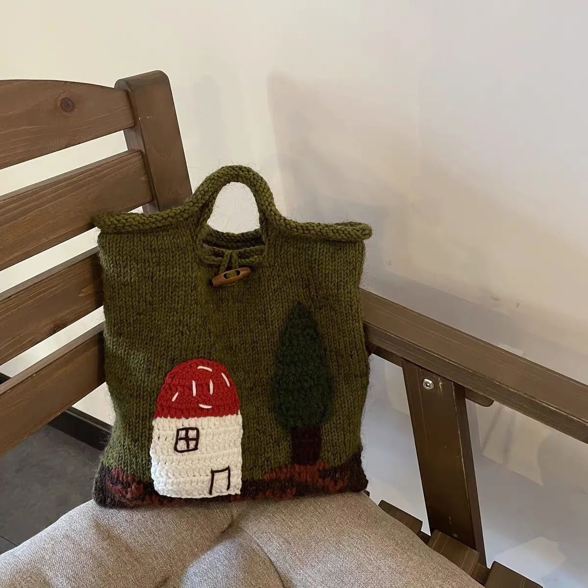 Mushroom House Tote Bags for Women Handbag Handmade Yarn Woven Bag Cute Crochet Shoulder Bag Wool Knitting Shopper Purses Clutch