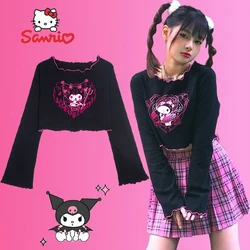 Sanrio Kuromi Top Woman Cartoon Printing Exposed Clothes Navel Short Style T-shirt Y2K Fashion Personality Long-Sleeved Slim Top