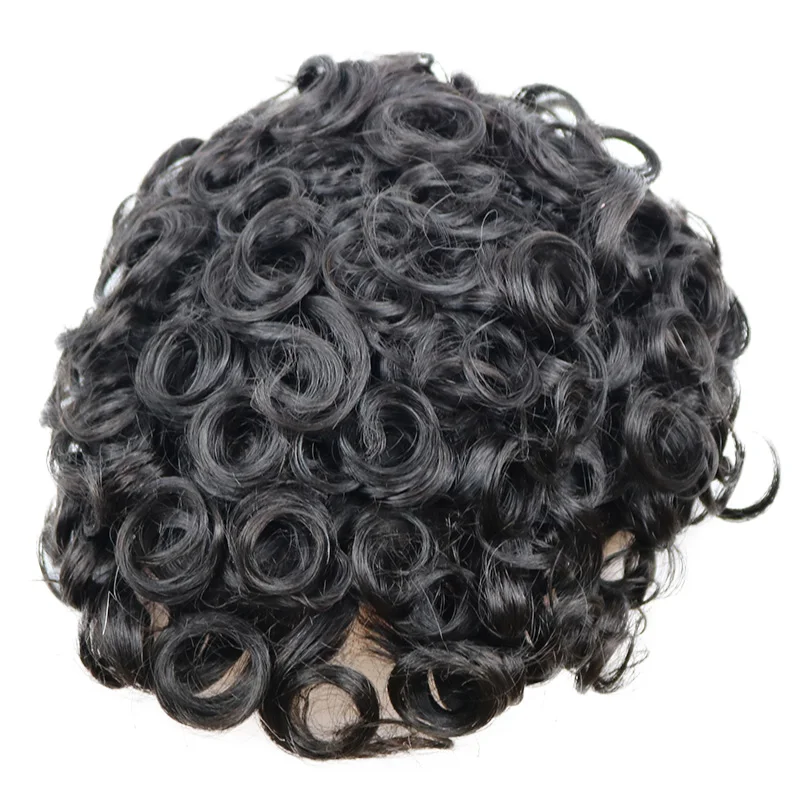 24mm Curly Men Toupee Durable Injected Full Pu Base Mens Human Hair Unit Prosthesis Men Hair Systems Hairpieces Natural Hairline