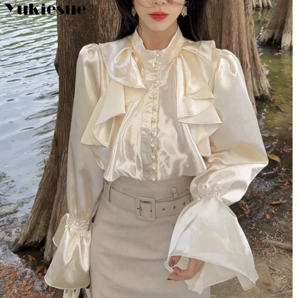 

Spring Autumn Women New Retro Fashion Ruffled O-Neck Embroidered Blouses Buttoned Ladies Temperament Trumpet Sleeves Shirt Tops