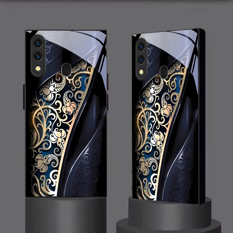 Royal Golden Swirl Ornate Black Glass Phone Case For Samsung A70 A71 A72 A73 A8s A51 A56 A55 A54 A35 A34 A32 A25 A26 A20s Cover