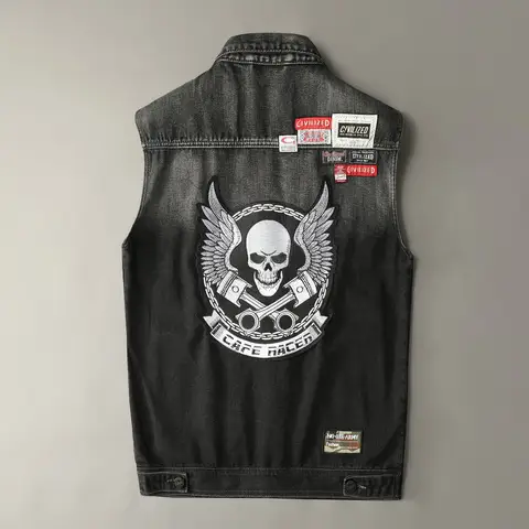 Skull Wings Patches Embroidery Biker Vest Men's Motor Rider Motorcycle Denim Jeans Sleeveless Jacket S-5XL