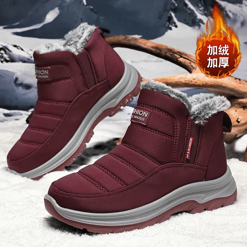 Cotton men shoes mid-top snow boot for couples warm plus fleece lining rain- and snow-proof uppers non-slip wear-resistant soles