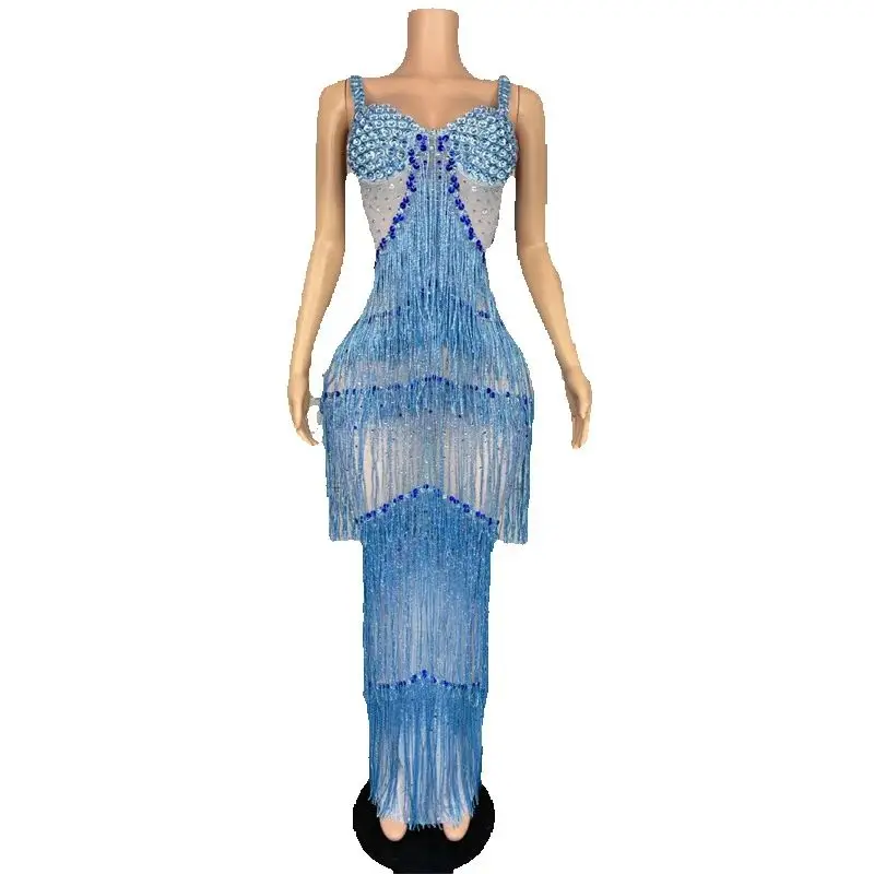 キラキラフルラインストーンフリンジドレス女性祝うイブニングドレスステージキャットウォークフェスティバル衣装社交パーティードレス XS9763