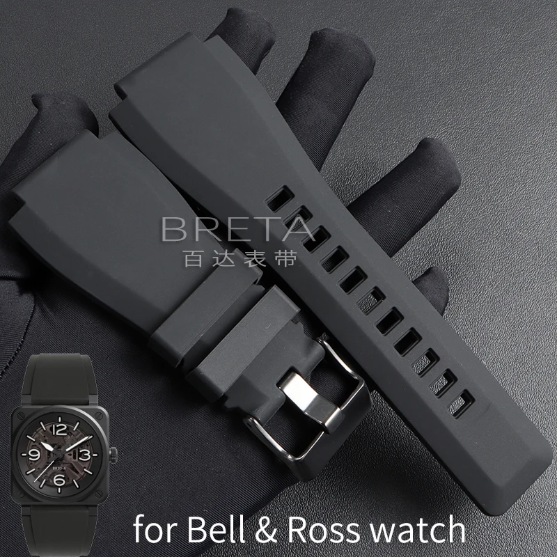 22mm 24mm silicone watchband for Bell Ross BR01 BR03 Convex rubber watch strap Replace Wristbands Outdoor sports diving bracelet