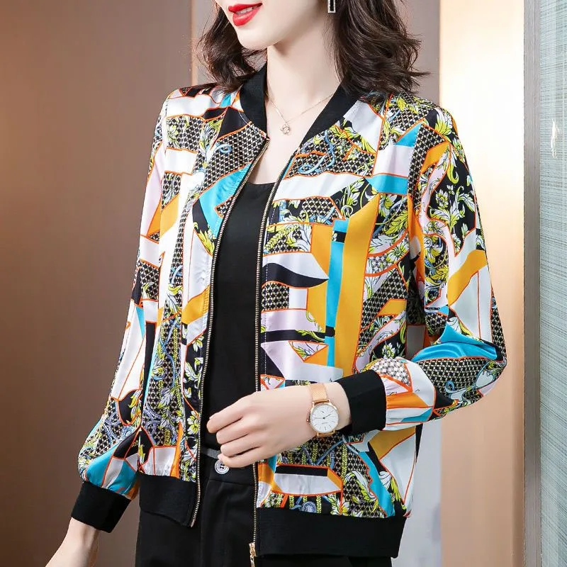 New Spring/Summer Fashion Trend Silk Short Round Neck Print Loose Versatile Large Casual Jacket Sunscreen Long Sleeve Coat