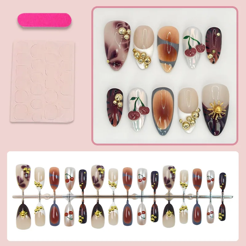 

24PCS 3D Cherry Almond Fake Nail Tips Autumn Winter Amber French False Nails with Glue Golden Diamonds Press on Nails Full Cover