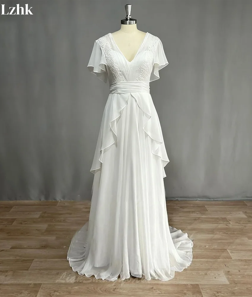 Customized Graceful Chiffon A-Line Lace Ruffles 3D Bow Evening Dress Temperament V-Neck Floor Length Bespoke Occasion Gowns