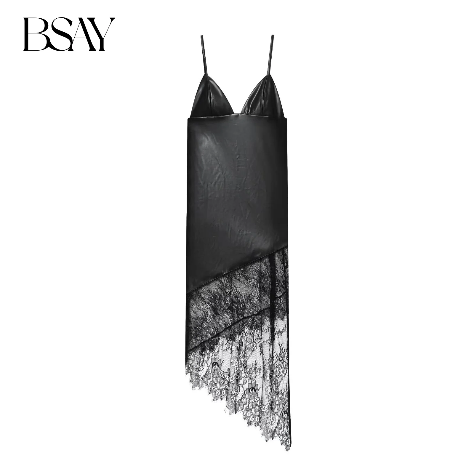 BSAY Saum Asymmetrisches schwarzes Kleid Damenbekleidung 2025, Herbst, neu, sexy, V-Ausschnitt, Spitze, Patchwork, PU, Kunstleder, Midi-Kleider, Abend