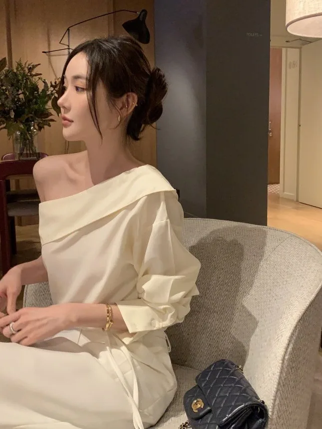 Trendy Double-Sided Wear Shoulder Bared Shirt Chic Autumn New Design Korean Style Women's Top Casual Versatile Fashionable