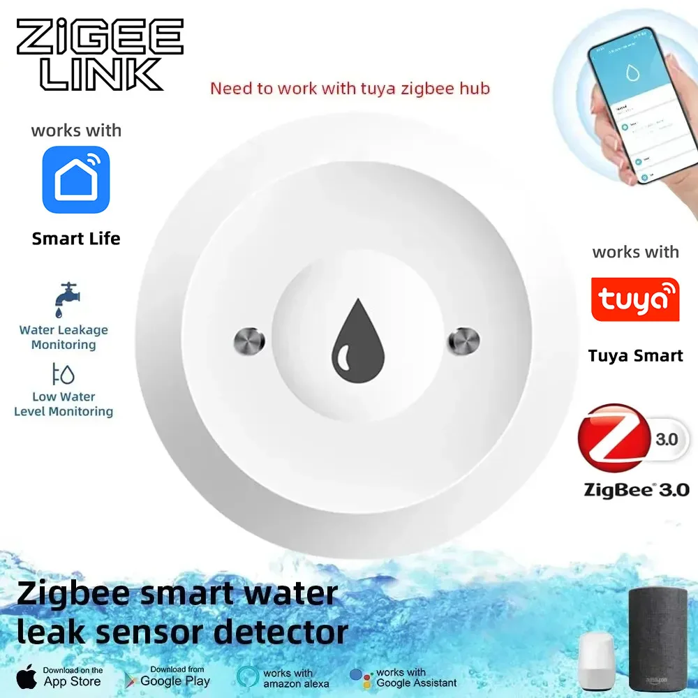 Tuya Zigbee 3.0 Water Leakage Sensor Alarm Smart Life Flood Leak Detector Flood Leakage Detector Remote Monitoring Home Security