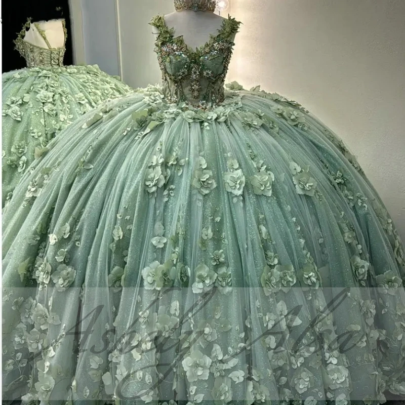 Customized Mint Green Mexican Swee 15 Year Girl Quinceanera Dress 3D Flower Lace Up Ball Gown Women Prom Birthday Party Dress 16