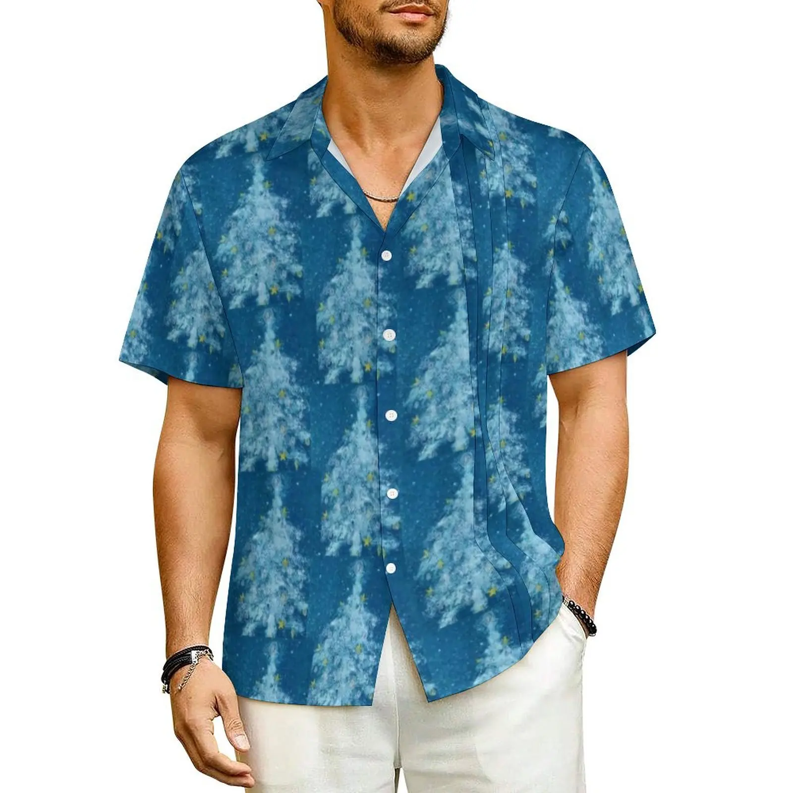 Hawaiian Shirt Beach White Christmas Tree Blouses Modern Print Retro Casual Shirts Male Short Sleeve Fashion Plus Size Clothing