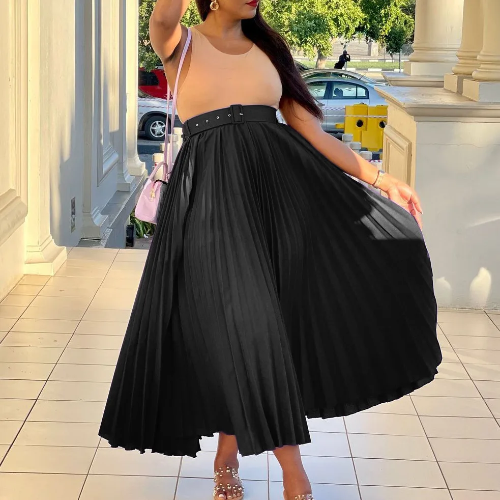 Plus Size Pleated Skirt with Belt L-3XL Autumn Office Lady Elegant Long Skirts Solid Ruched Matching Outfits Female Bottoms 2023