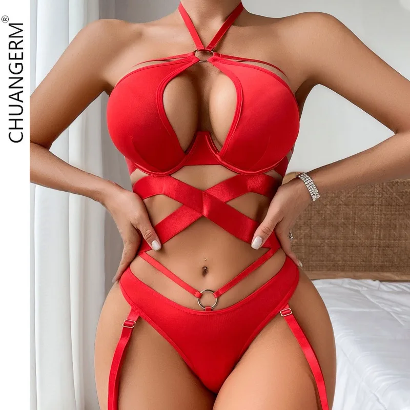 

CHUANGERM Womens Sexy Lingerie Garter belt Solid color cross cut-out low-cut neckline jumpsuit is full of exotic flavor