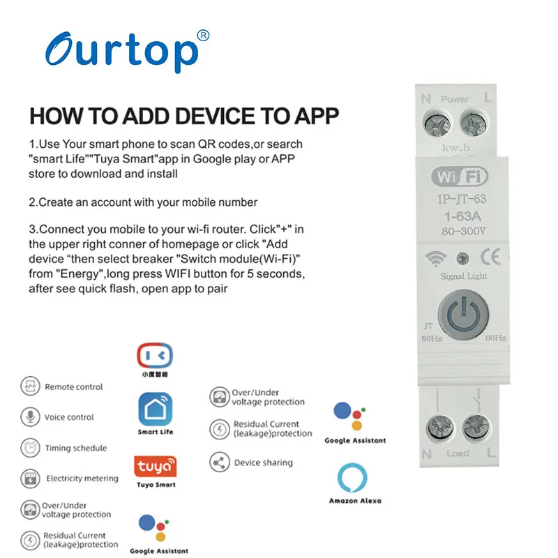 TUYA WiFi Smart Circuit Breaker Over Current Under Voltage Protection Power Metering 1-63A Wireless Remote Control Switch