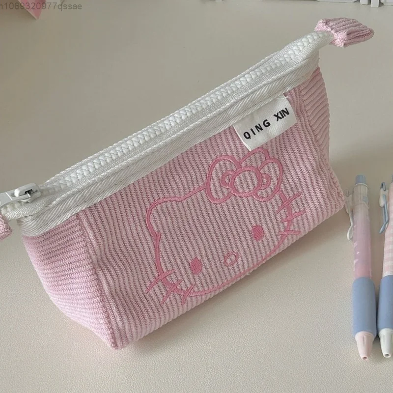 Sanrio Embroidery Hello Kitty Cute Cartoon Girl Heart Pen Bag Y2k Student Trendy Desktop Stationery Zipper Clutch Storage Bag