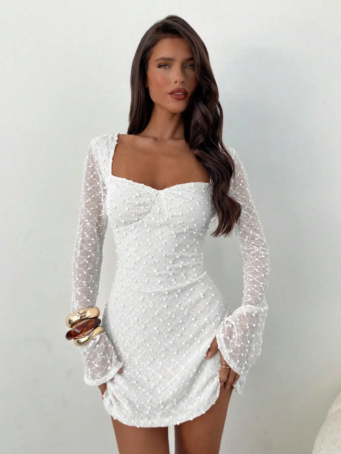 

Women's White Square Neck Ruched Mini Dress with Flare Sleeves