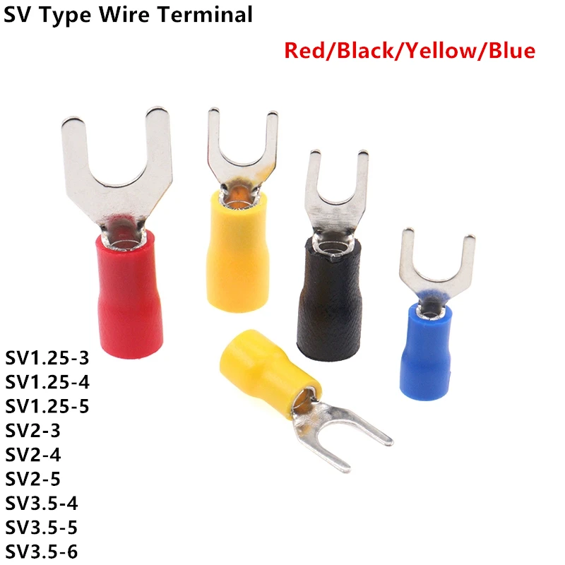 50Pcs SV Type Wire Spring Terminal SV1.25 SV2 Fork U Y PVC Insulate Ferrules Block Spade Cold Press Cable End Crimp Connector