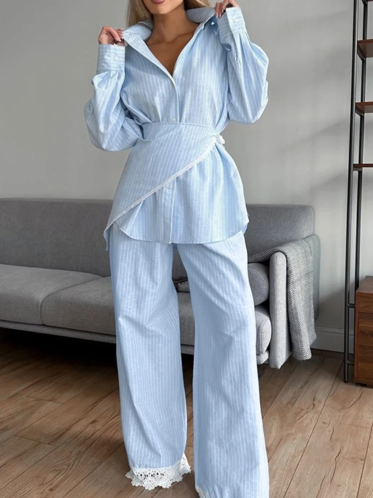 

Spring Summer Fashion Loose Blue Stripe Women's 3 Pieces Set Elegant Long Sleeve Shirt + Corset with High Waist Wide Pants Set