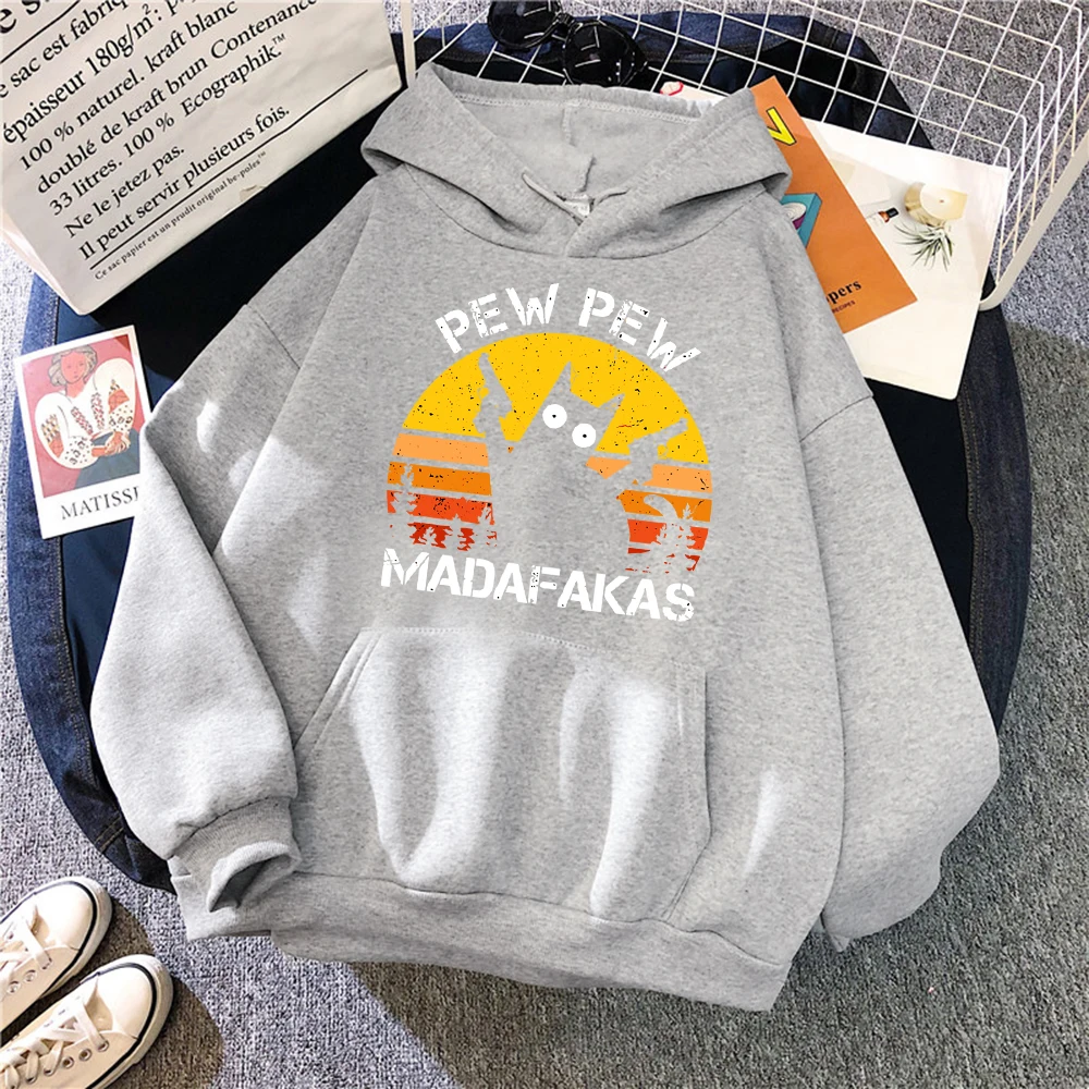 Pew Pew Madafakas Cat With Two Guns Hoodies Women Casual Fashion All Match Hoody Fleece Warm New Pullovers Harajuku Trend Hooded