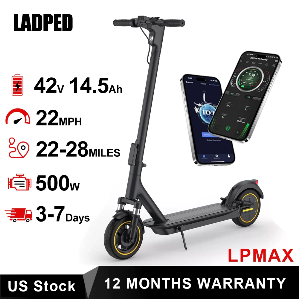 

LADPED LPMAX 10 "Сплошные шины Складной электрический самокат 22MPH 500W 14.5AH 28Miles Двойной амортизатор сверхдальнего действия EScooter