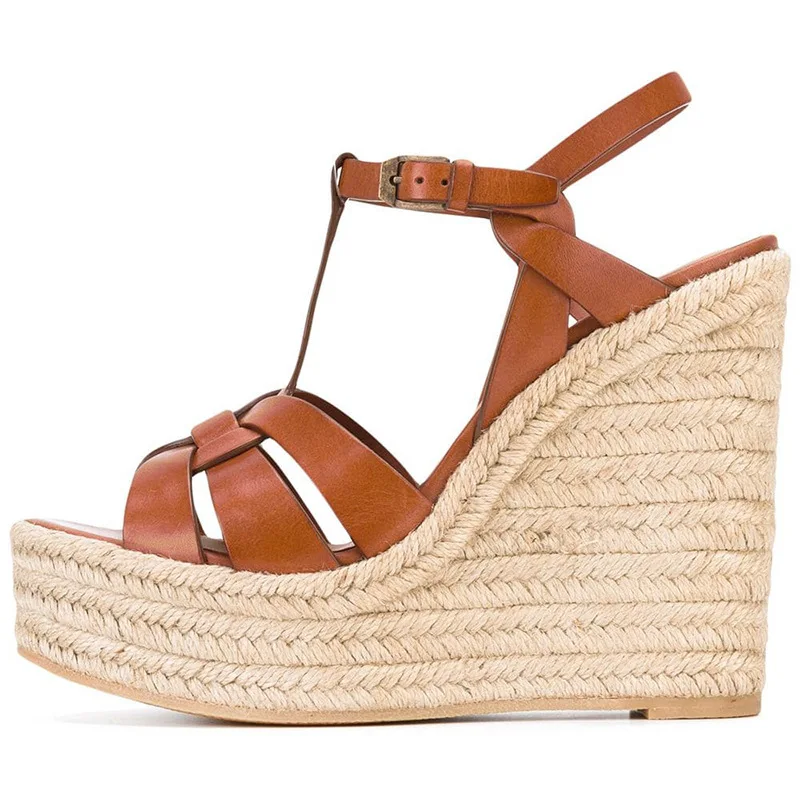 Waterproof Table High Heel Sandals PU Hemp Rope Wedge Heel Women Summer Outdoor Beach Heeled Sandals