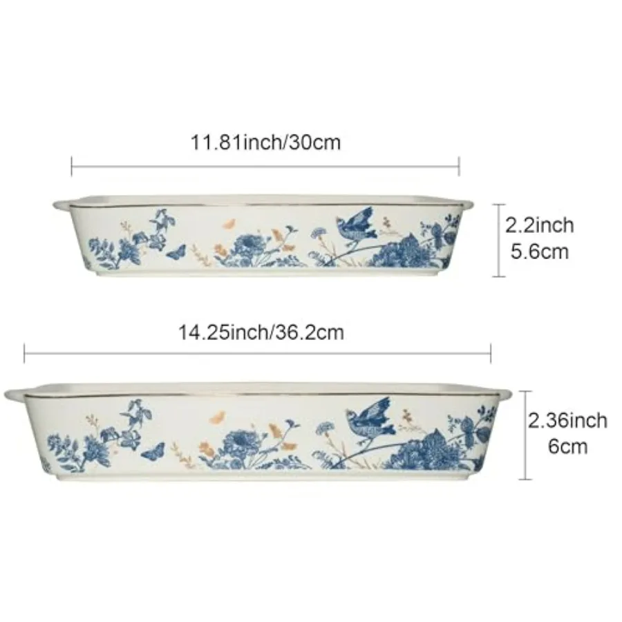 طقم مقالي خبز مكون من 2 زهرة زرقاء 14 بوصة سيراميك للفرن طقم أطباق خبز كسرول كبير مع مقابض أطقم خبز بورسلين C