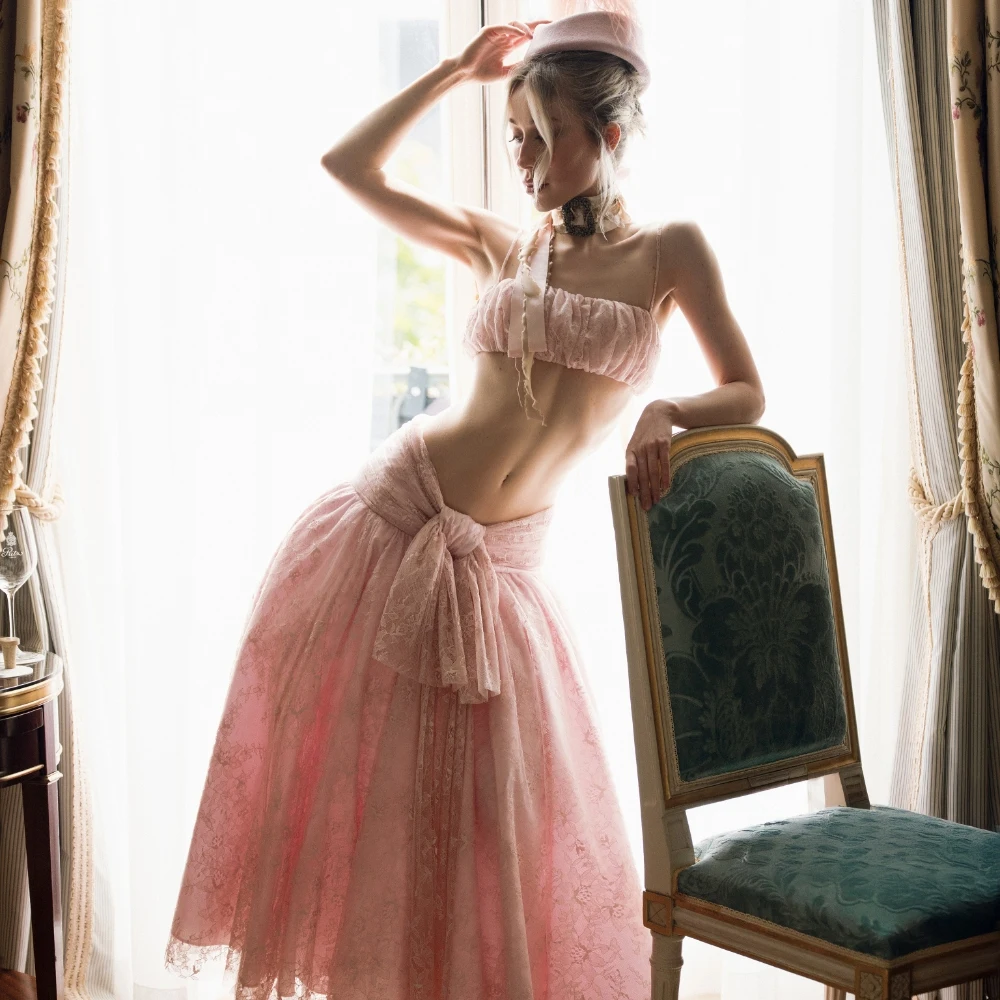Vestido de dos piezas sin tirantes para mujer, rosa empolvado, con encaje y tul, lazo grande, corte A, midi, estilo bailarina, para fiesta de noche, invitada de boda 2026