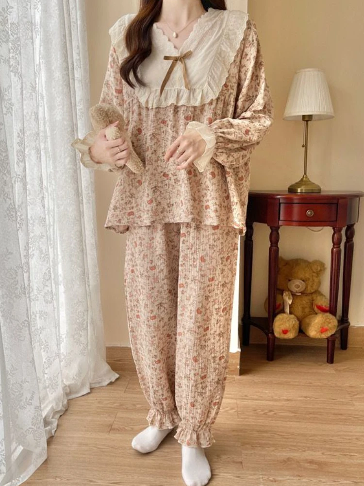 Conjuntos de pijama feminino confortável diário impressão design doce outono popular atraente ulzzang com decote em v estudantes férias elegante na moda