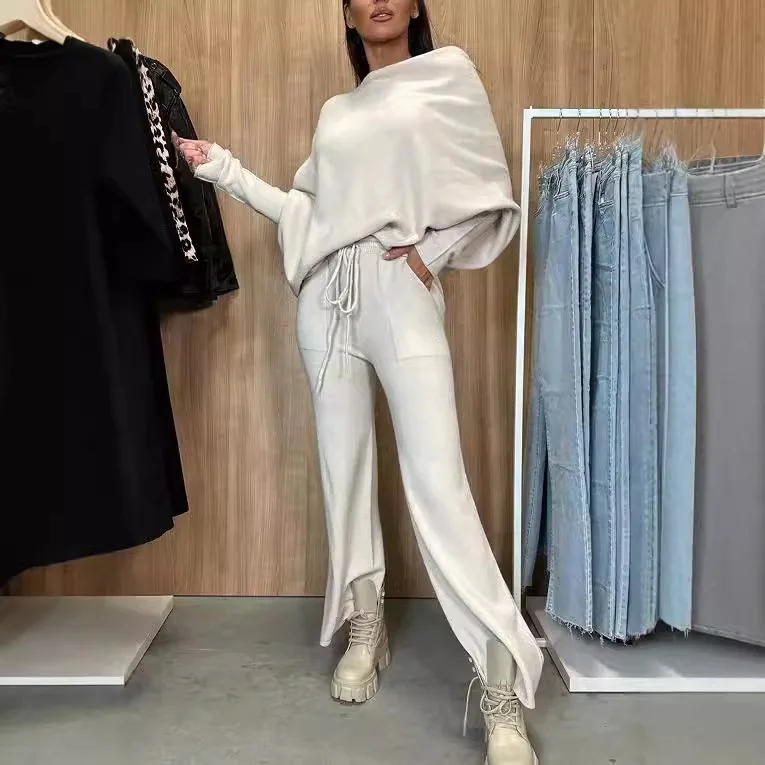 

Sexy Off Shoulder One Line Collar Suit Solid Long Sleeved Irregular Pullover Top Lace Up Trousers Two Piece Set Autumn New