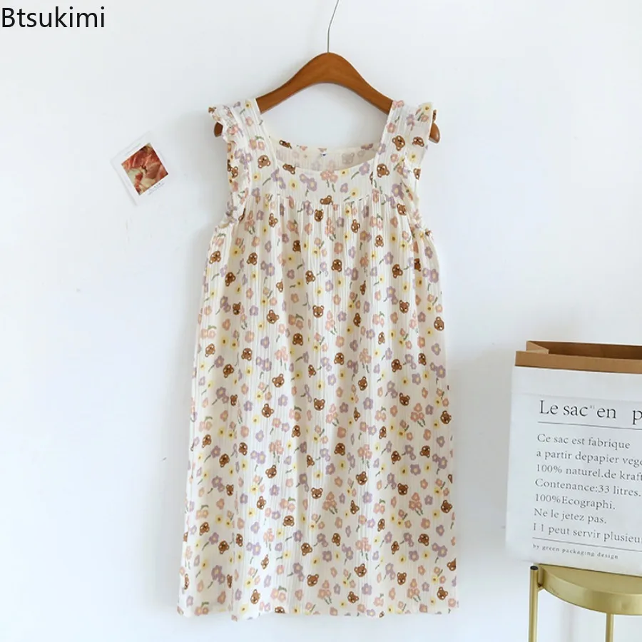 2025 Women's Sleeping Skirt Spaghetti Strap Nightdress Skirt 100% Cotton Gauze Comfortable Floral Print Home Pajamas for Women