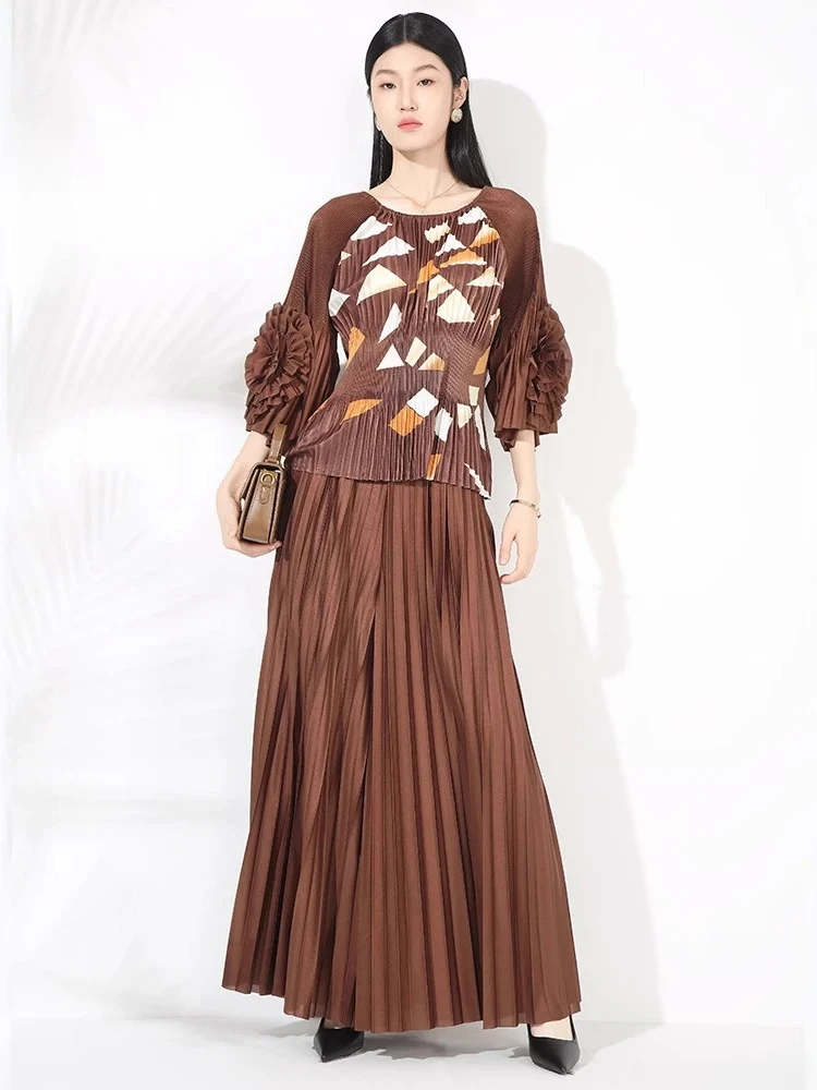 

ANLAN Three Dimensional Flower Half Sleeve Design Tops And High Waisted Pleated Wide Leg Pants Women's Two-piece Set 2AN3485