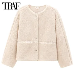 TRAF Women's Teddy Coat Plush Bomber Jackets Cozy Long Sleeve O-Neck Short Coats New In Outerwears Women's Demi-Season Jacket