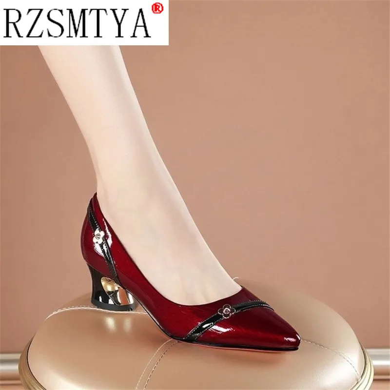 2021 New High Heels Dress Shoes Pointed Toe Woman Pumps Black Patent Leather Chain Slip on Square Heel Zapatos Mujer