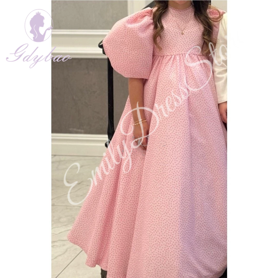 Vestidos de niña de flores rosas personalizados para boda, media manga, cuello alto, fiesta de cumpleaños de princesa, vestido de desfile de primera comunión