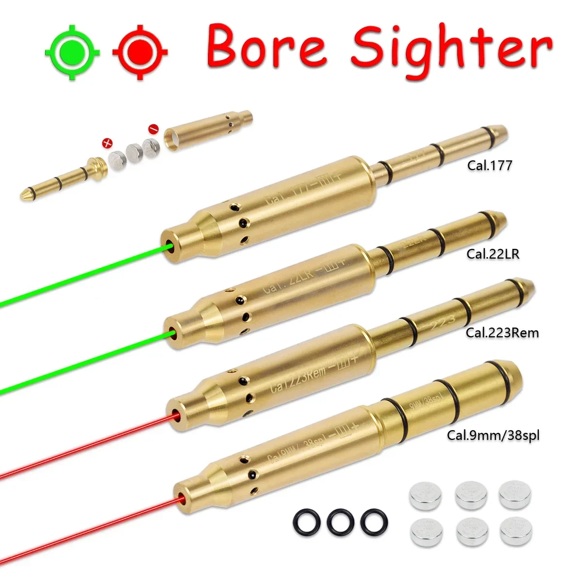 . 22LR Red Green Laser Bore Sight Kit .177/.223Rem/9mm .38spl/10mm S & W 45ACP Cal Revolver pistola fucile caccia proiettile Boresighter