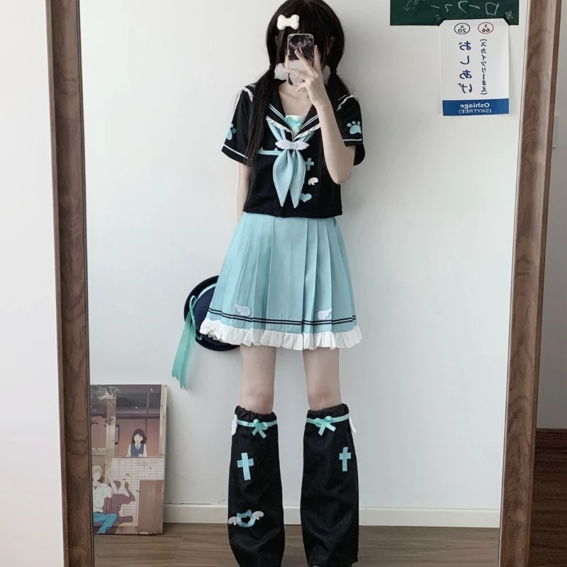 Abito da marinaio autentico giapponese e coreano Abito da gioco di ruolo con ricamo a fiocco estivo a maniche corte in stile college carino