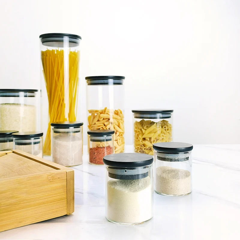 Airtight Glass Jars with Black Bamboo Lid Kitchen Storage Bottles Jar Sealed Food Container Tea Jars Orgnizer