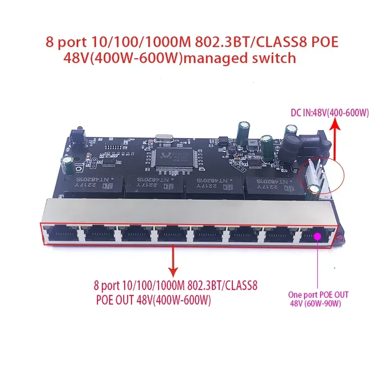 8-port 10/100/1000M POE 48V(400W-600W) 802.3BT/ class8  managed  switch