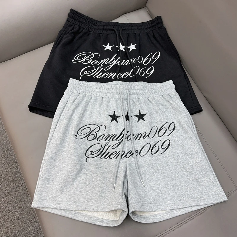 

Шорты с вышивкой текста 069, цифры, звезды, этикетка, черные, серые шорты для мужчин и женщин, свободные шорты на шнурке, модные пляжные короткие штаны