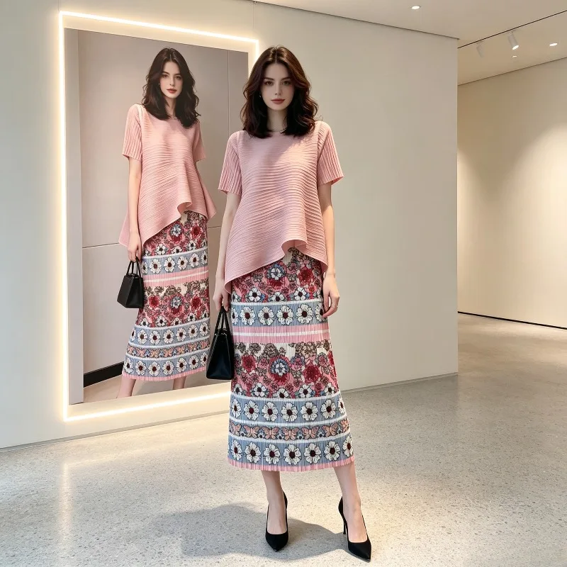 Miyake Pleated 2026 Summer New Original Fashion Retro Bohemian Style Printed High Waist Draped Floral A-line Skirt for Women