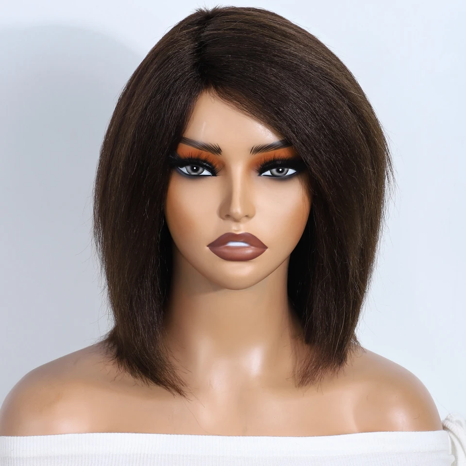 Lekker Short Kinky Straight Bob 100% Human Hair Wigs For Women Brazilian Remy Hair Natural Brown Full Machine Made 12\