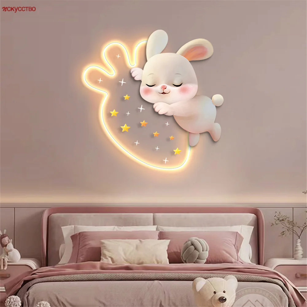 Cartoon Strawberry Rabbit Decorative Painting Led Wall Lamp Girls Bedroom Bedside Atmosphere Light Kids Acrylic Mural Sconces