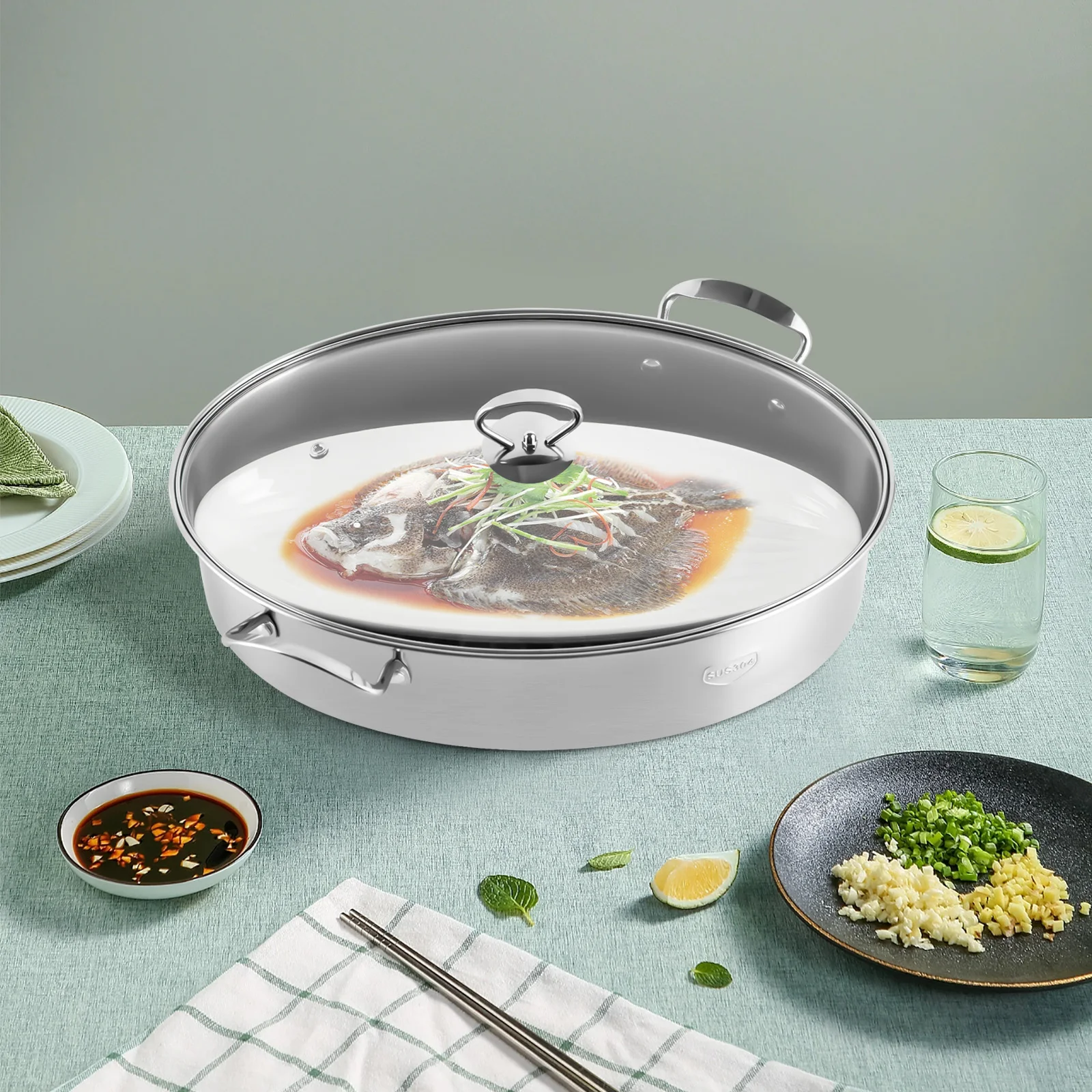 Stainless Steel Fish Steamer Multi-Use Oval Cookware with Rack Ceramic Pan Chuck Stockpot for Steaming Fish Boiling Soup