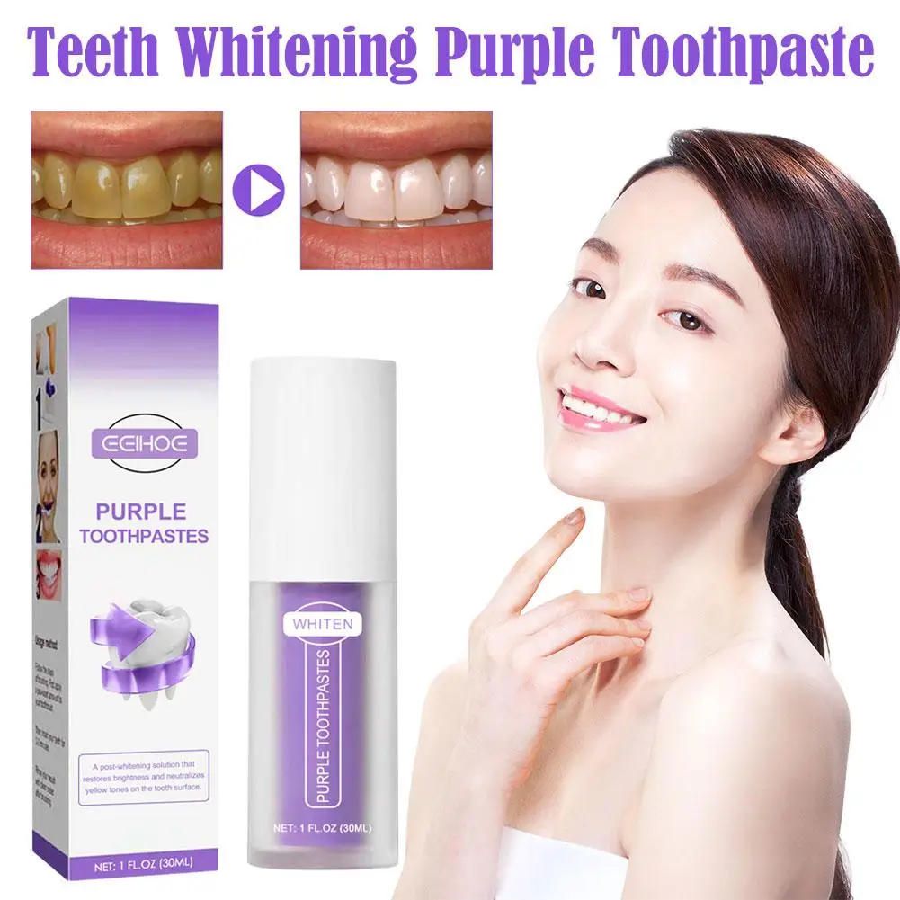 Dentes Professional Whitening Creme dental, Mousse Roxo Dental Branqueamento, remover manchas amarelas, respiração dental, 30ml, M7y4