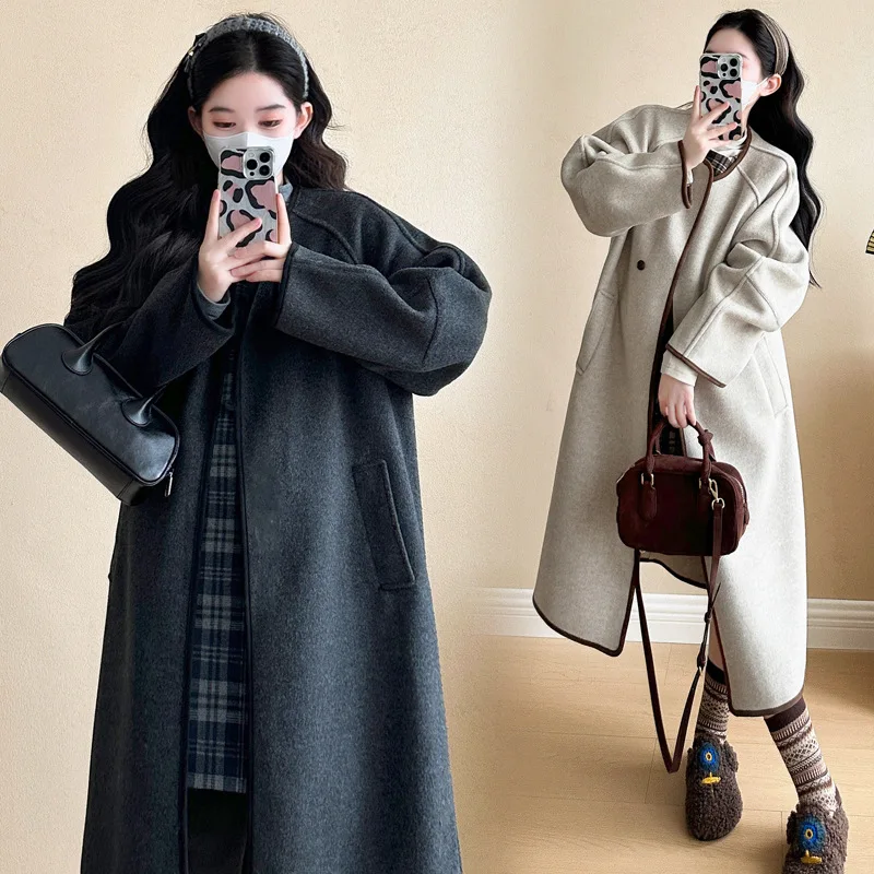 2024 New Pregnant Women Fashionable Clothes Set Maternity Woolen Overcoat+Sleeveless Gingham Dress Loose Warm Maternity Coat