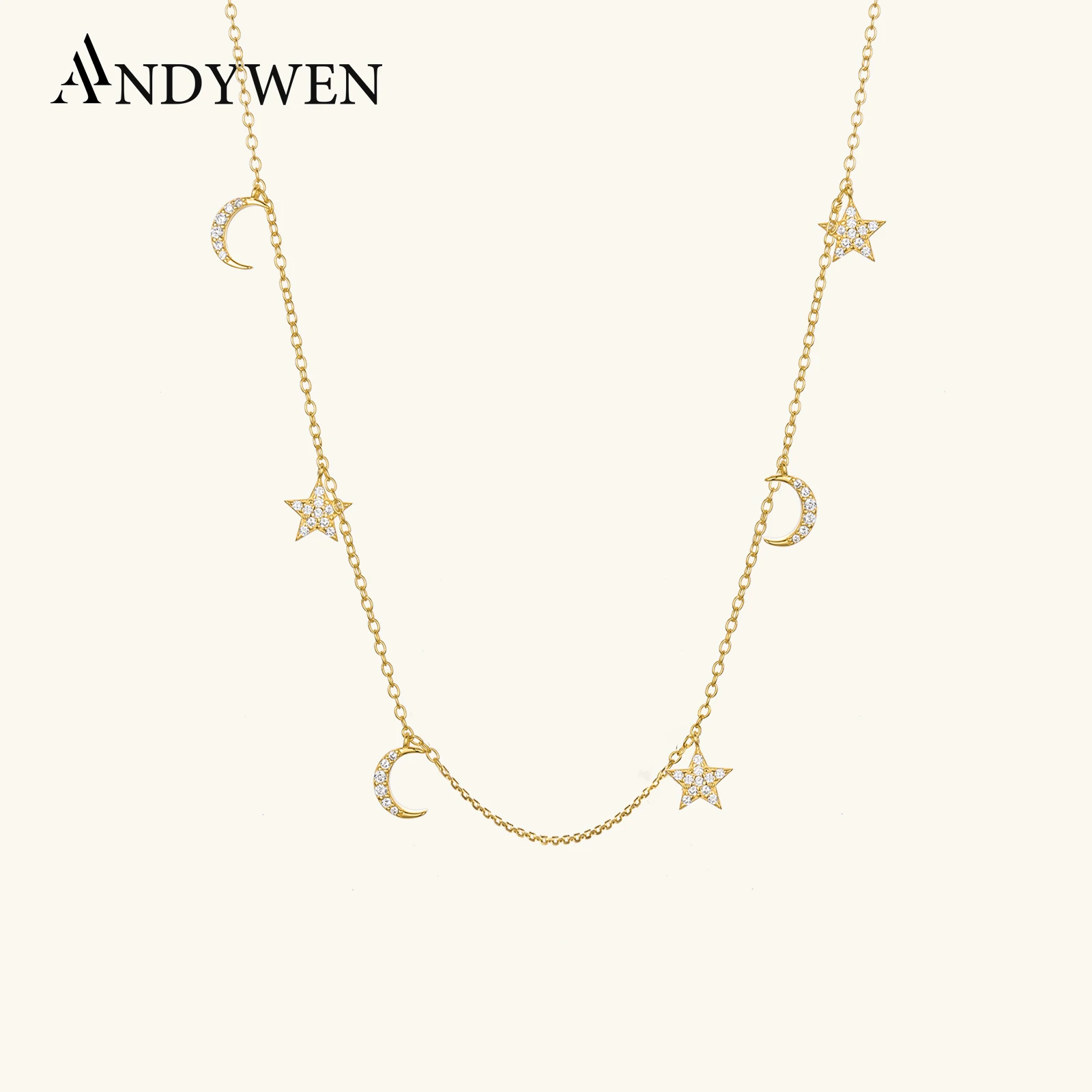 ANDYWEN Srebro Próby 925 Pozłacany Naszyjnik Choker z Zawieszką w Kształcie Gwiazdy i Księżyca, Łańcuszki, Damska Luksusowa Kryształowa Biżuteria Modowa